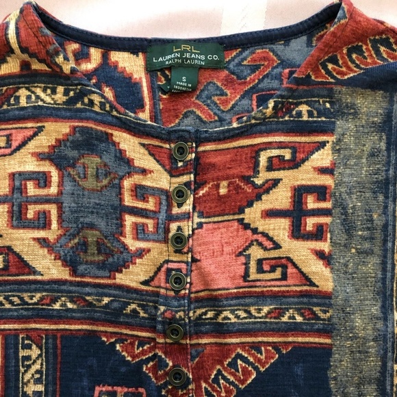 Lauren Ralph Lauren Aztec Henley  3/4 sleeve cotton top Southwestern Size Smalll - Picture 6 of 10